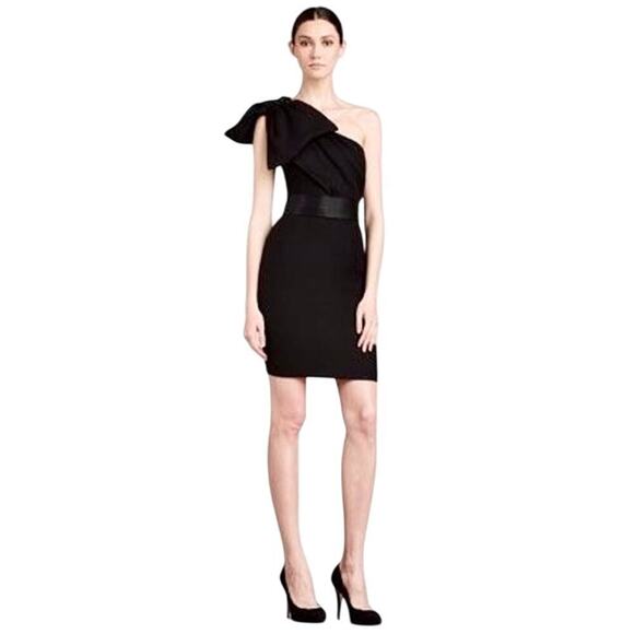 Marchesa Notte Dress One Shoulder Mini Bow Beaded Belted Cocktail LBD Black 4 - Picture 1 of 9